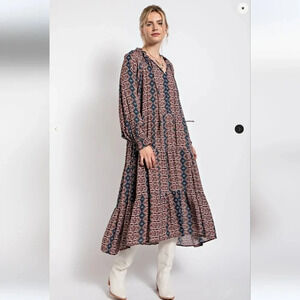 New! Easel Paisley Printed Long Sleeve Gauze Maxi Dress